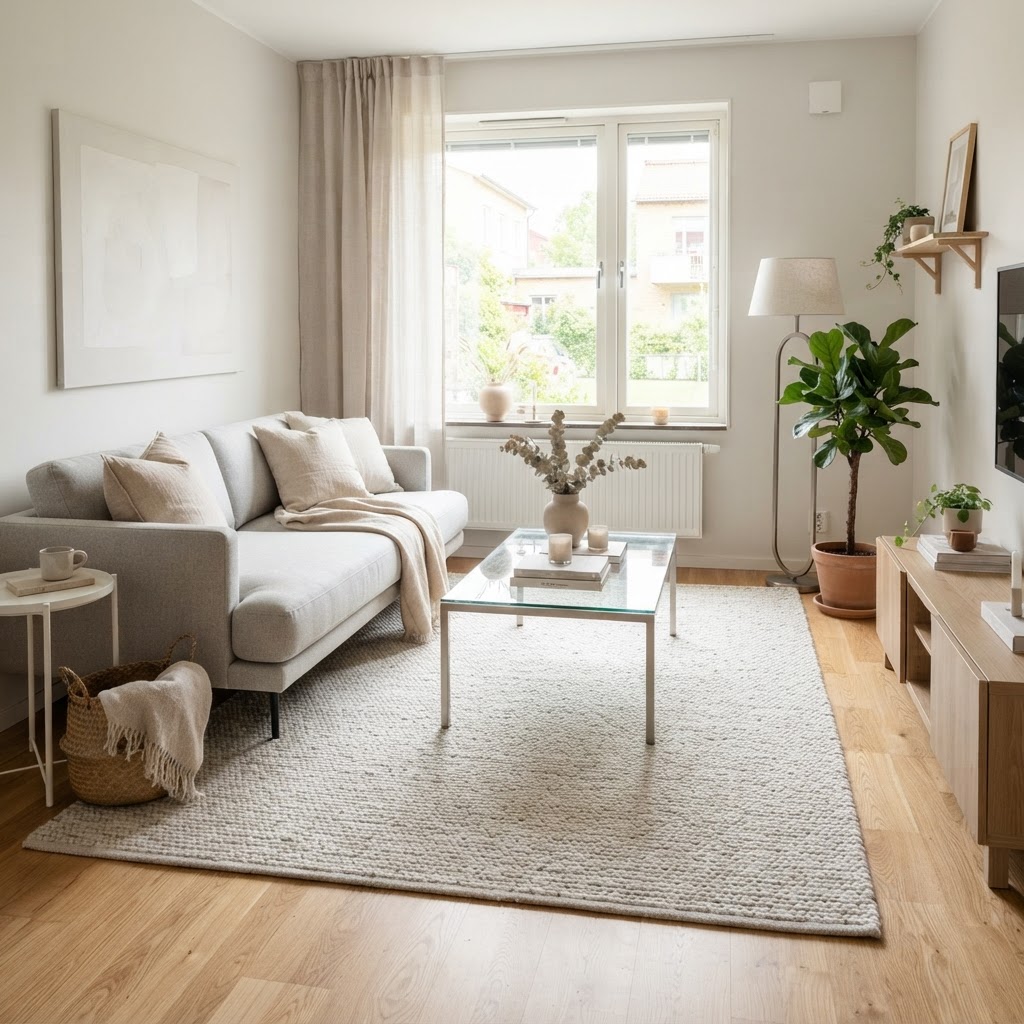 A well-organized layout makes this small living room feel spacious and bright.