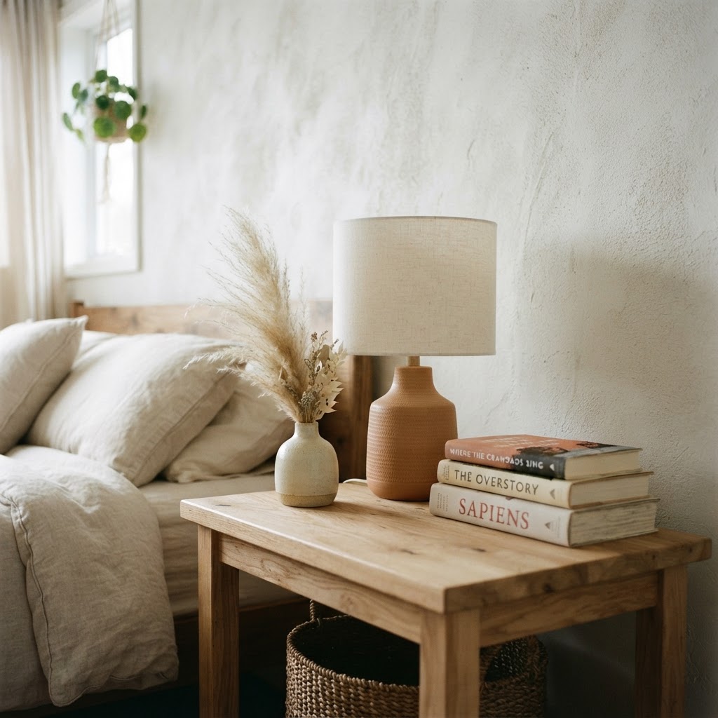 Minimalist bedside details that emphasize texture and warmth.
