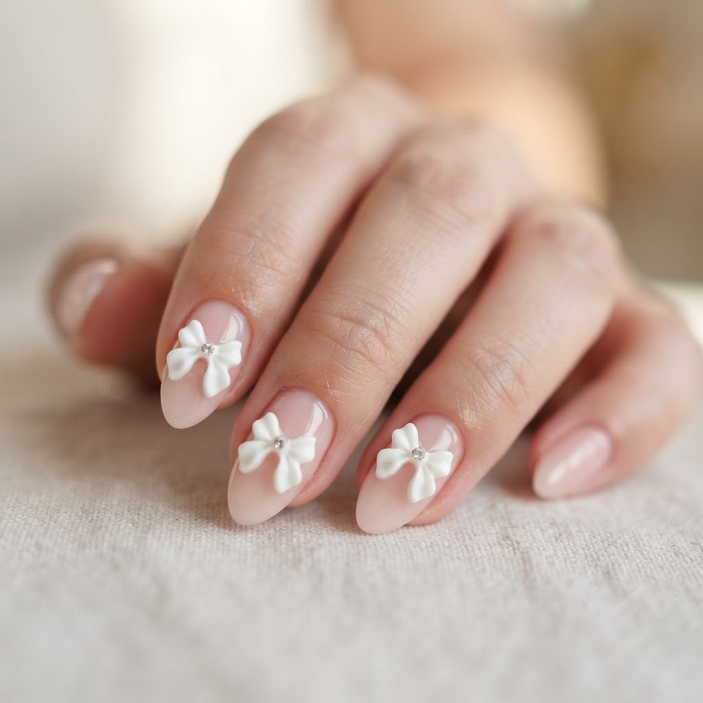Delicate 3D bow accents add a playful touch to a soft, pink base.