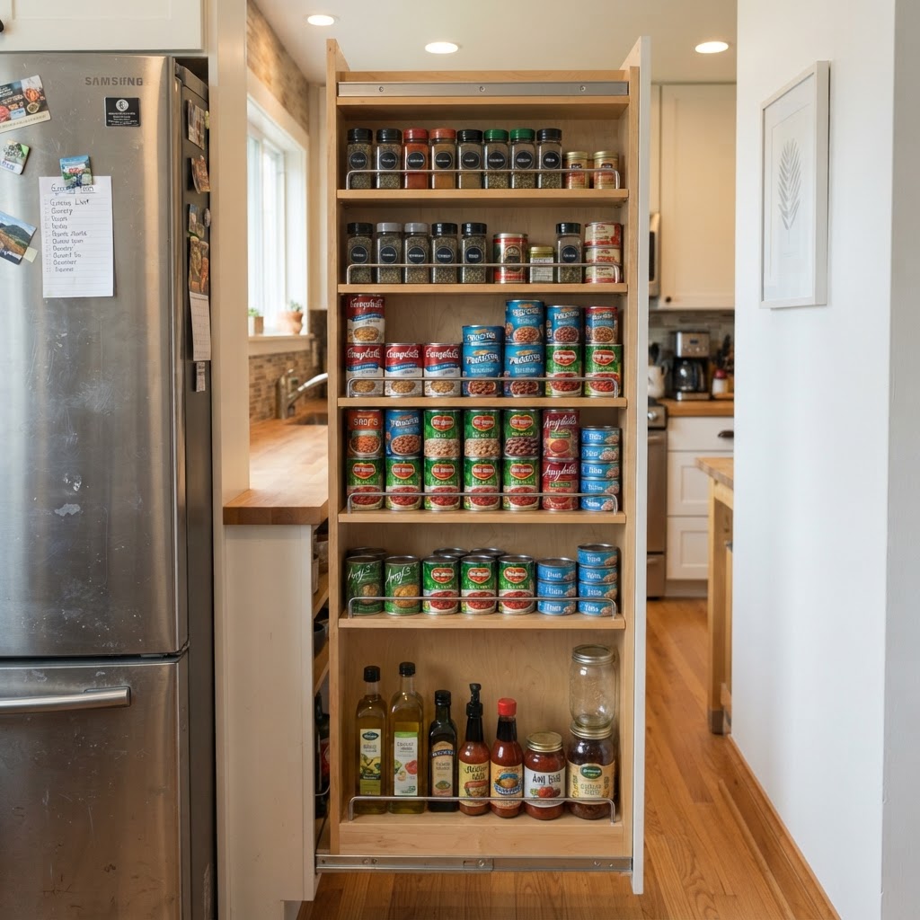 Slide-out organizers make use of previously wasted narrow gaps.