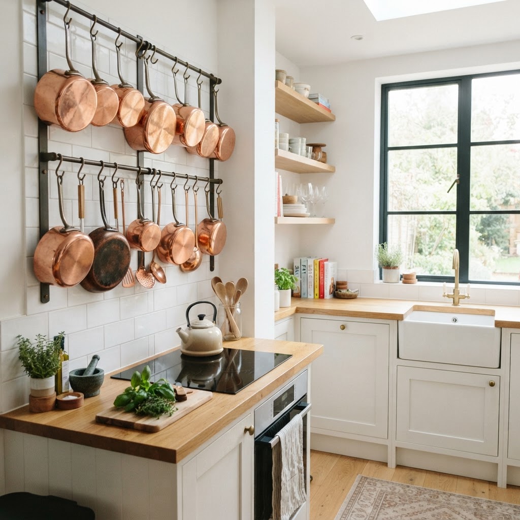 Vertical racks utilize empty wall space for heavy cookware.