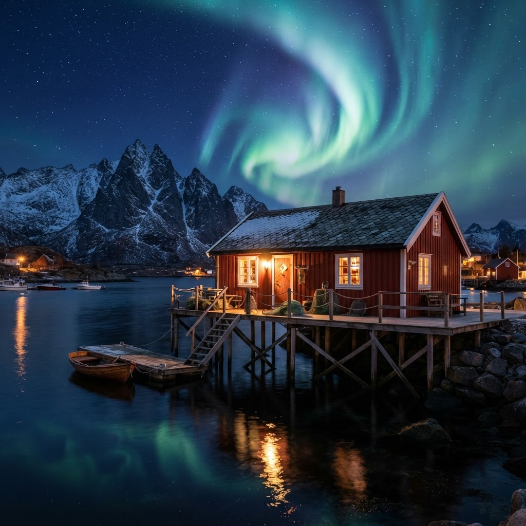 A traditional rorbu cabin under the magical glow of the Aurora Borealis.