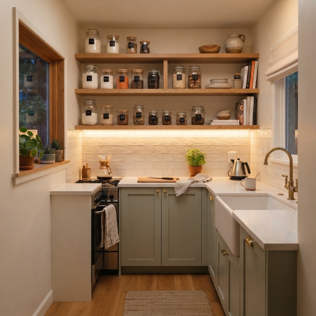 Open shelving adds character to small kitchens.