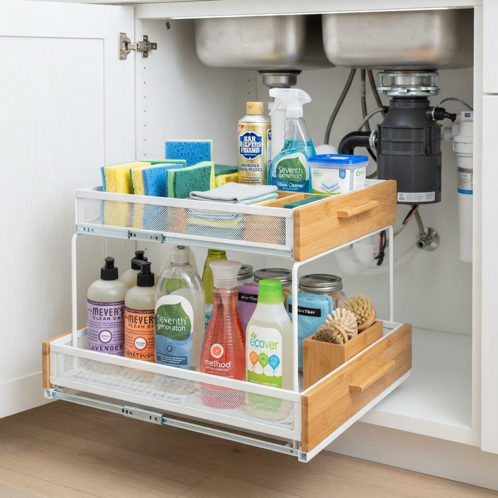 Sliding drawers make accessing heavy under-sink supplies effortless.