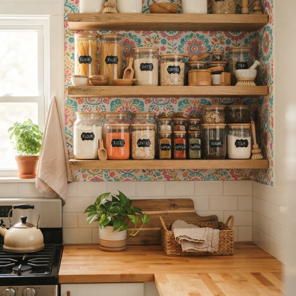 Add personality to your kitchen cabinets with decorative removable wallpaper.