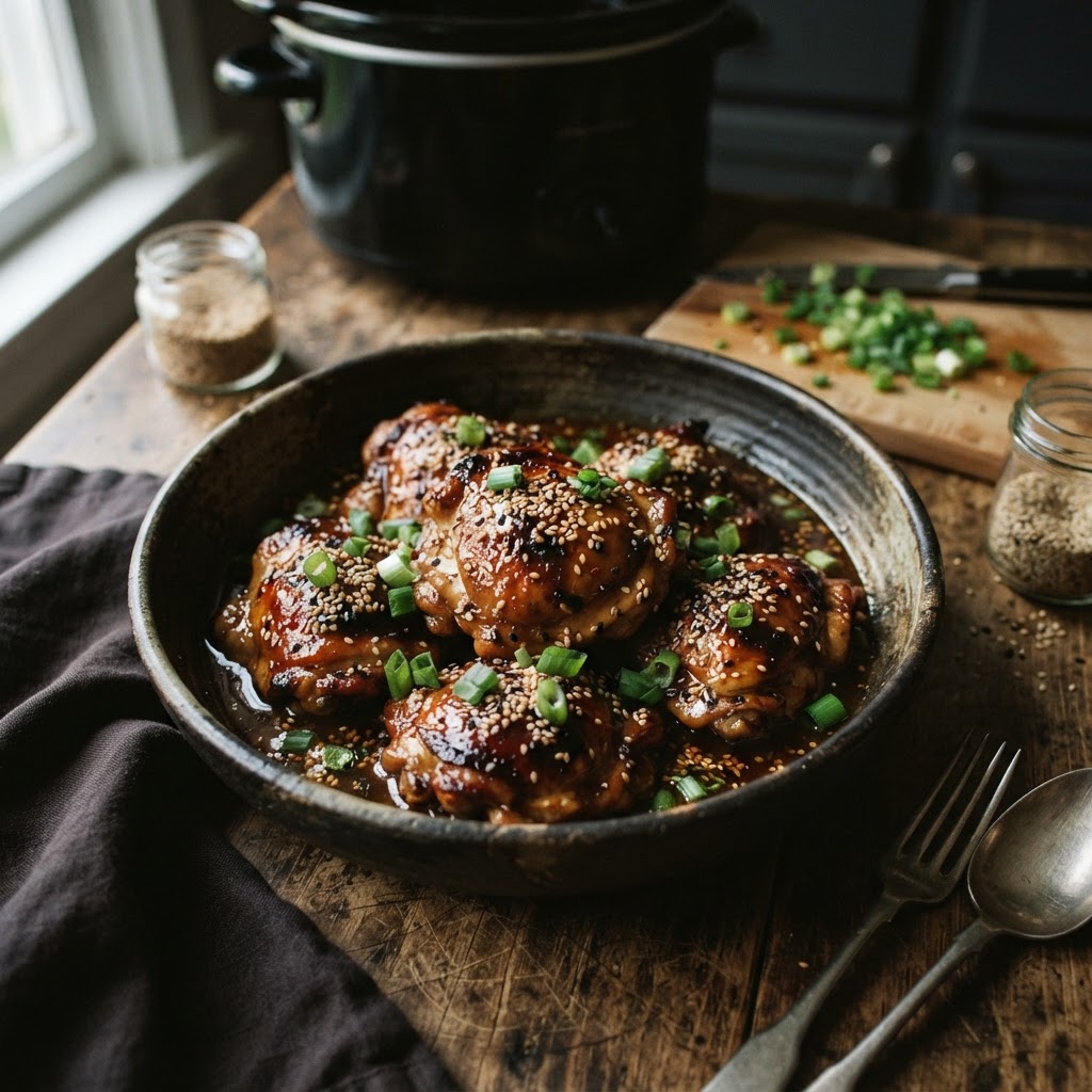 Tender, flavorful slow cooker honey garlic chicken thighs ready to serve.