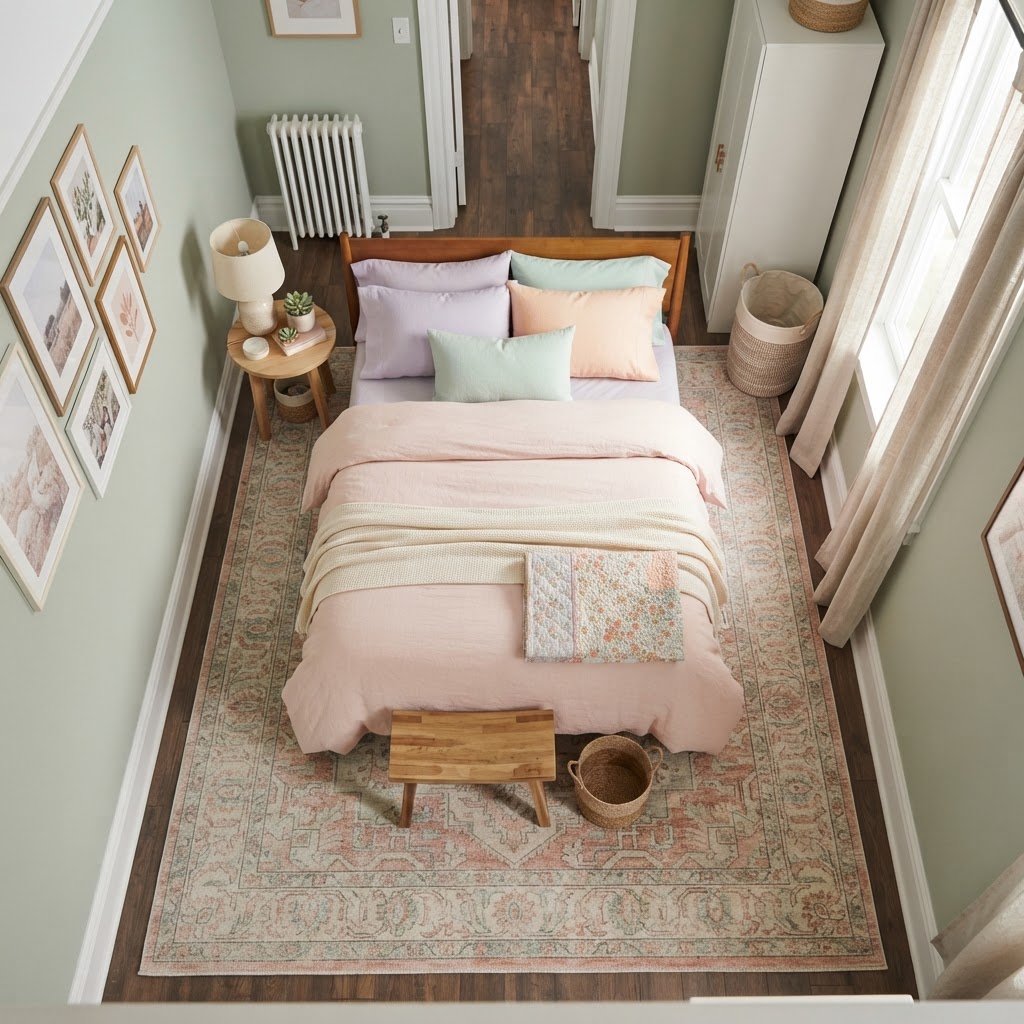 A large rug unifies the room and makes the floor area feel larger.