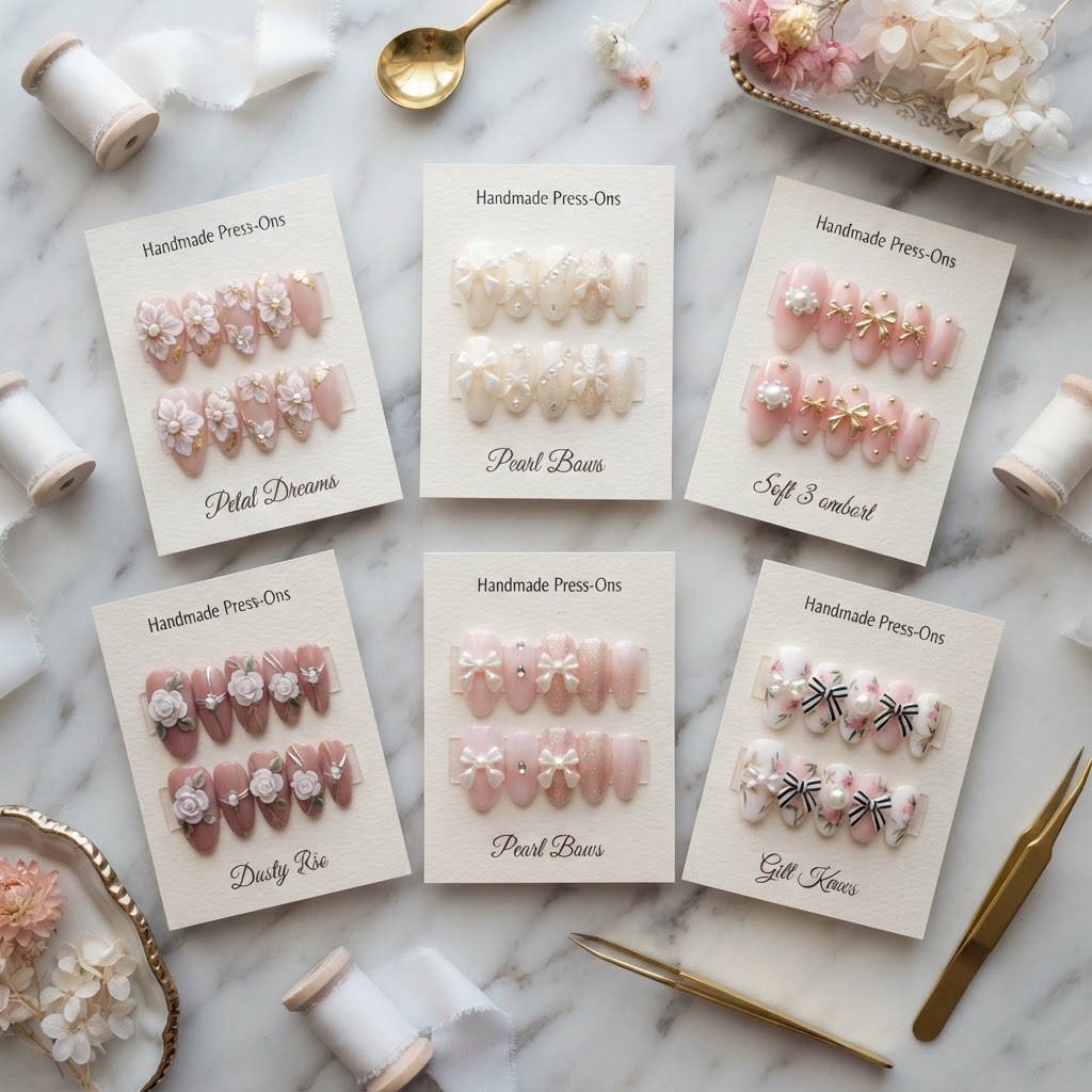 A collection of handmade aesthetic nail sets.