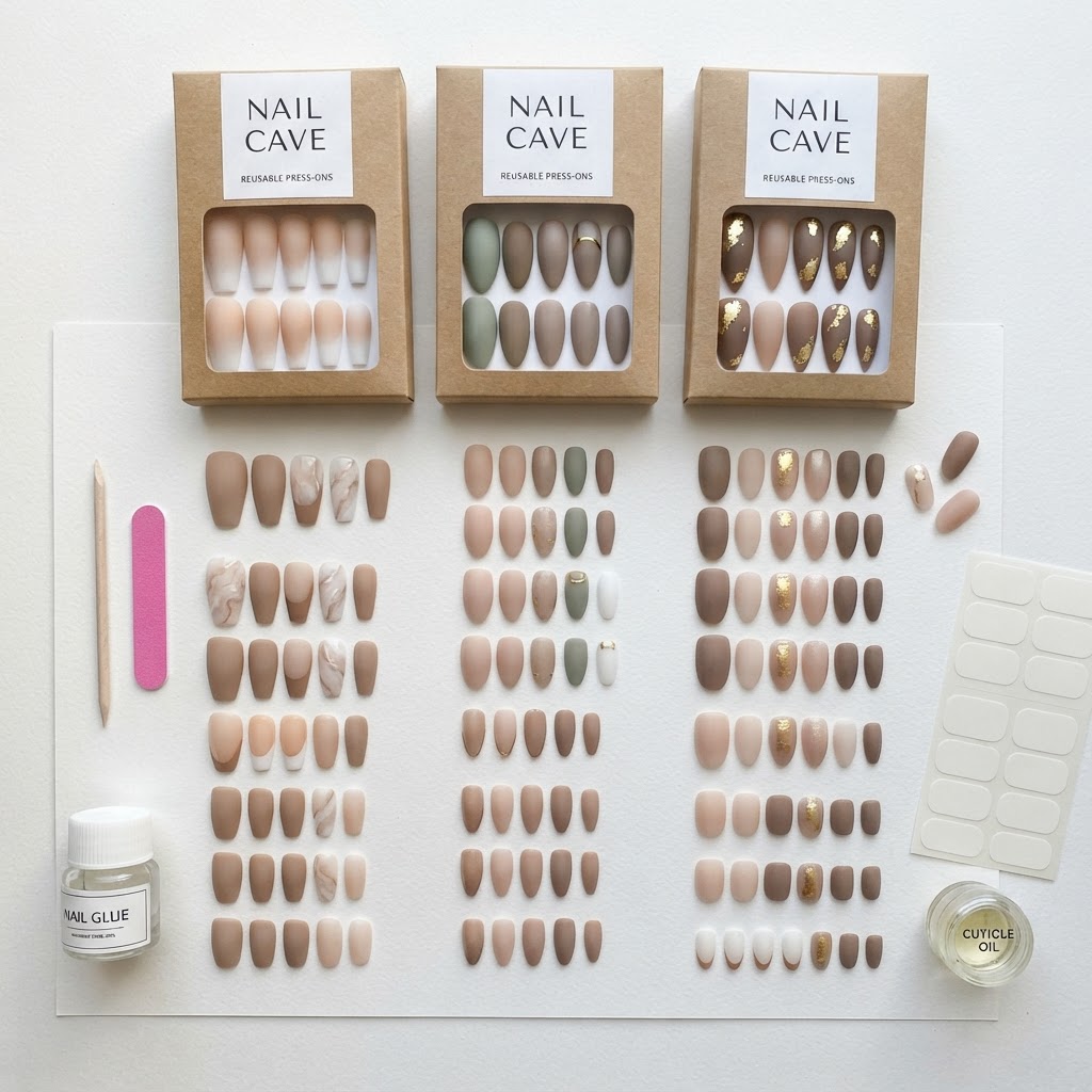 A variety of reusable press-on nail styles for different occasions.