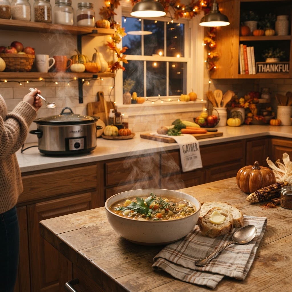 The perfect comfort food setting for a chilly autumn evening.