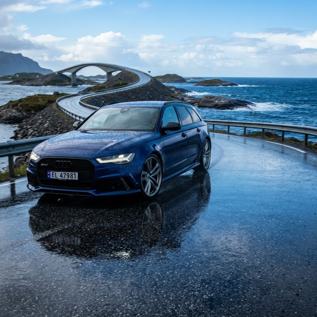 Driving along the scenic and winding Norwegian coast.