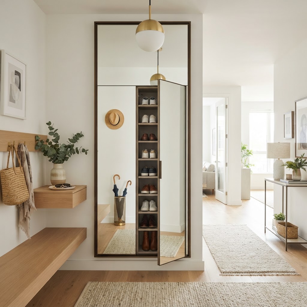 A mirrored cabinet offers a functional and stylish storage solution.