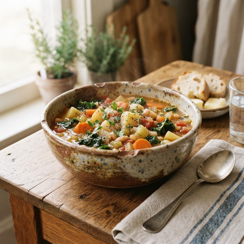 A bowl of homemade, nourishing vegetable soup.