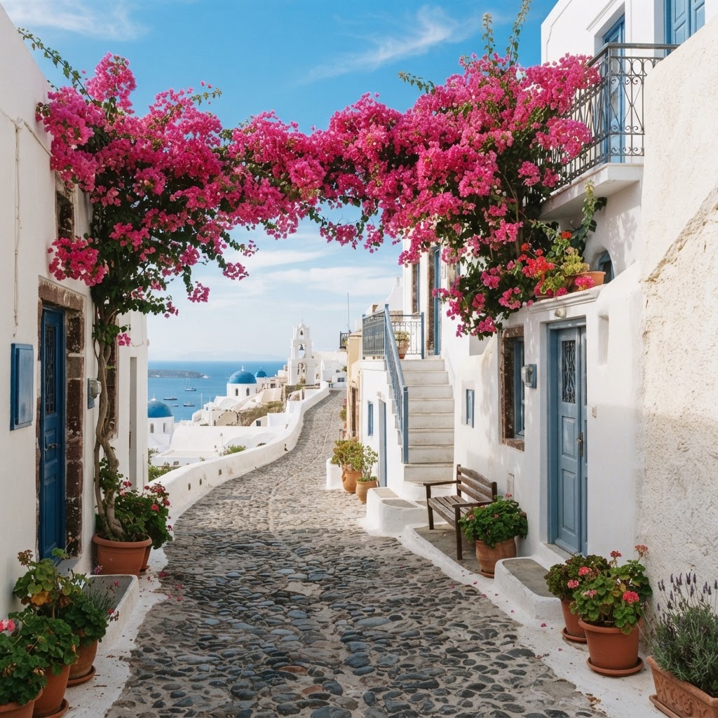 The charming, flower-filled streets of a traditional Greek village.