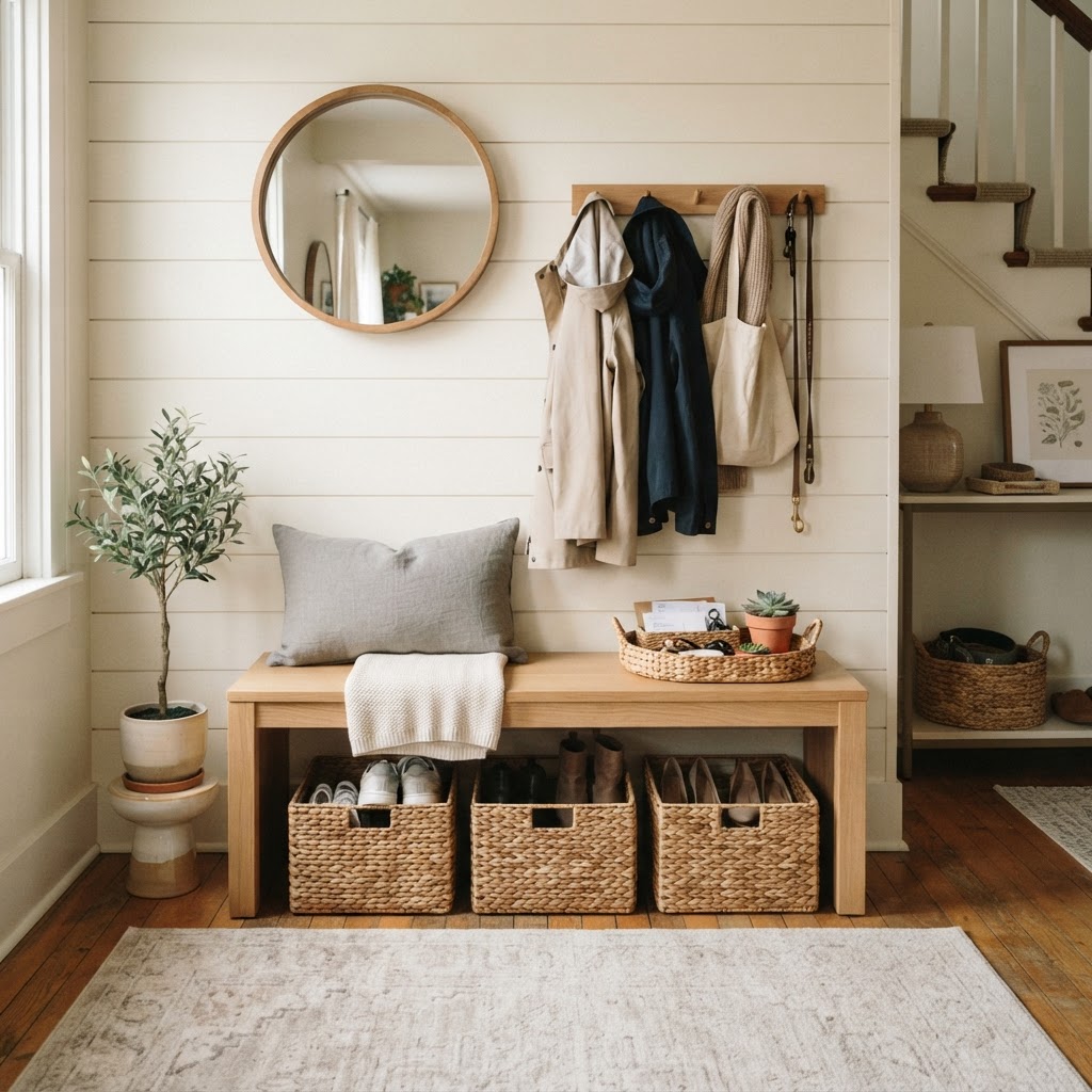 Utilizing under-bench storage is a smart way to keep shoes tucked away yet easily accessible.