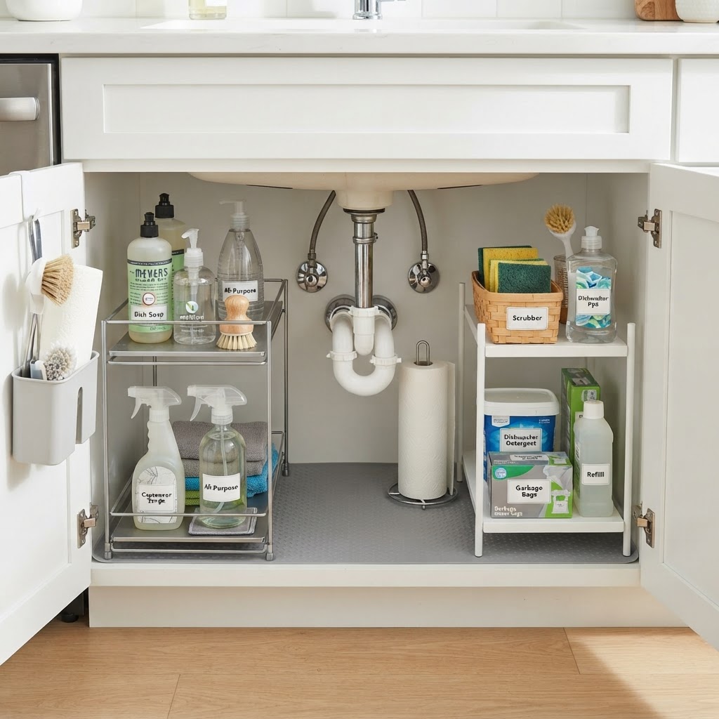 Tiered shelving helps maximize vertical space around plumbing pipes.