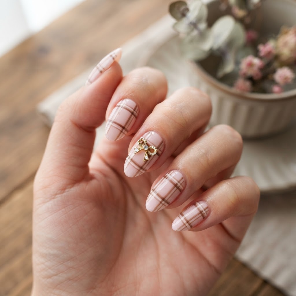 Vintage coquette press-on nails with plaid patterns and bows.