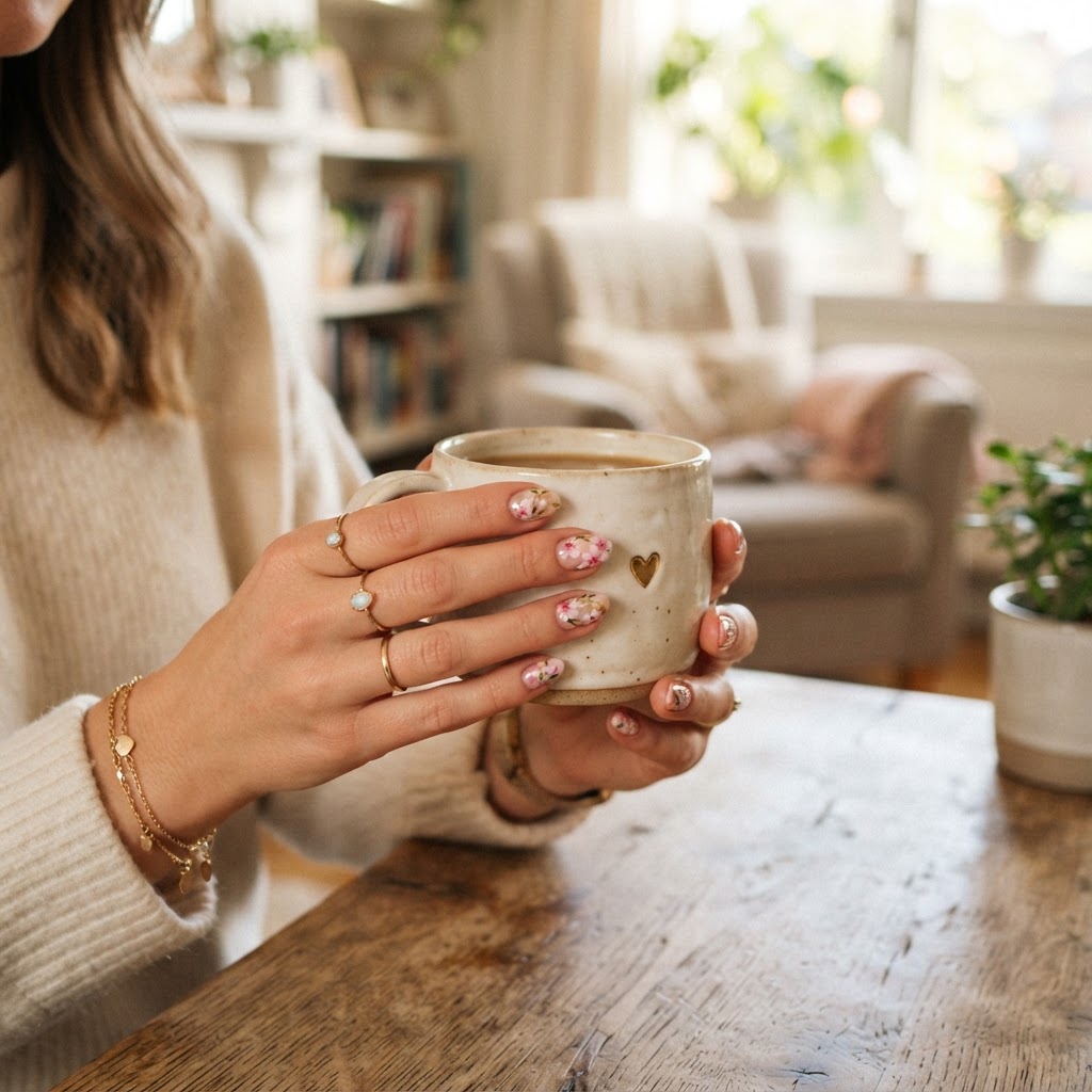 Soft pink floral nails styled for a cozy, everyday aesthetic.