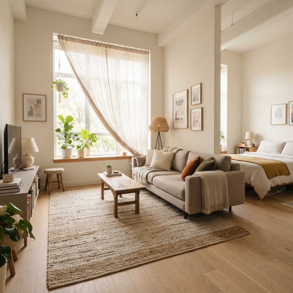 Maximize your small living space with a bright, airy color palette and minimal furniture.