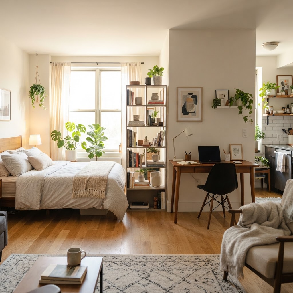 Use open-backed shelving to separate zones while maintaining light flow.