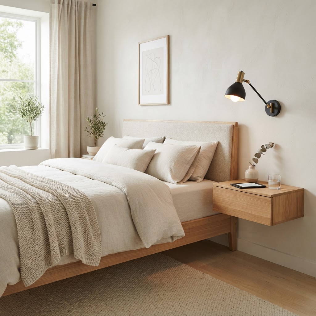 Wall-mounted lighting clears up surface space on nightstands.