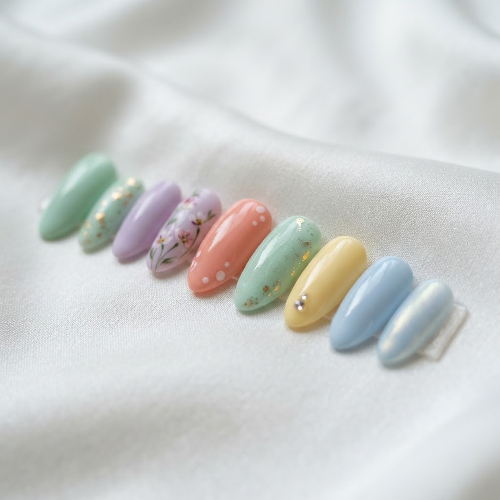Elegant pastel handmade press-on nails.