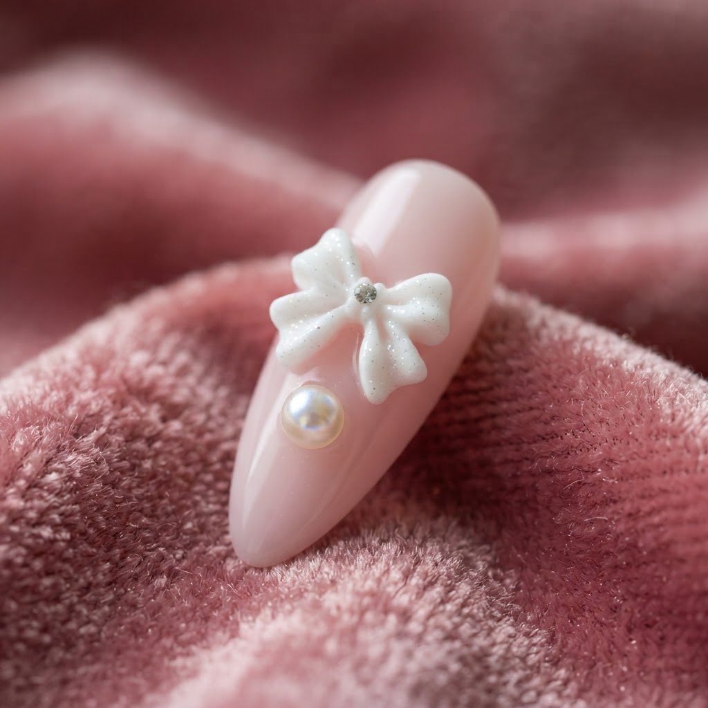 Delicate 3D bow and pearl detail on a soft pink almond nail.