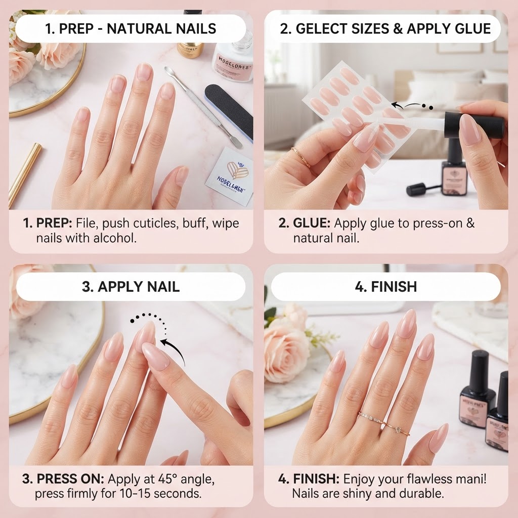 Simple steps to apply your press-on nails for a flawless, long-lasting finish.