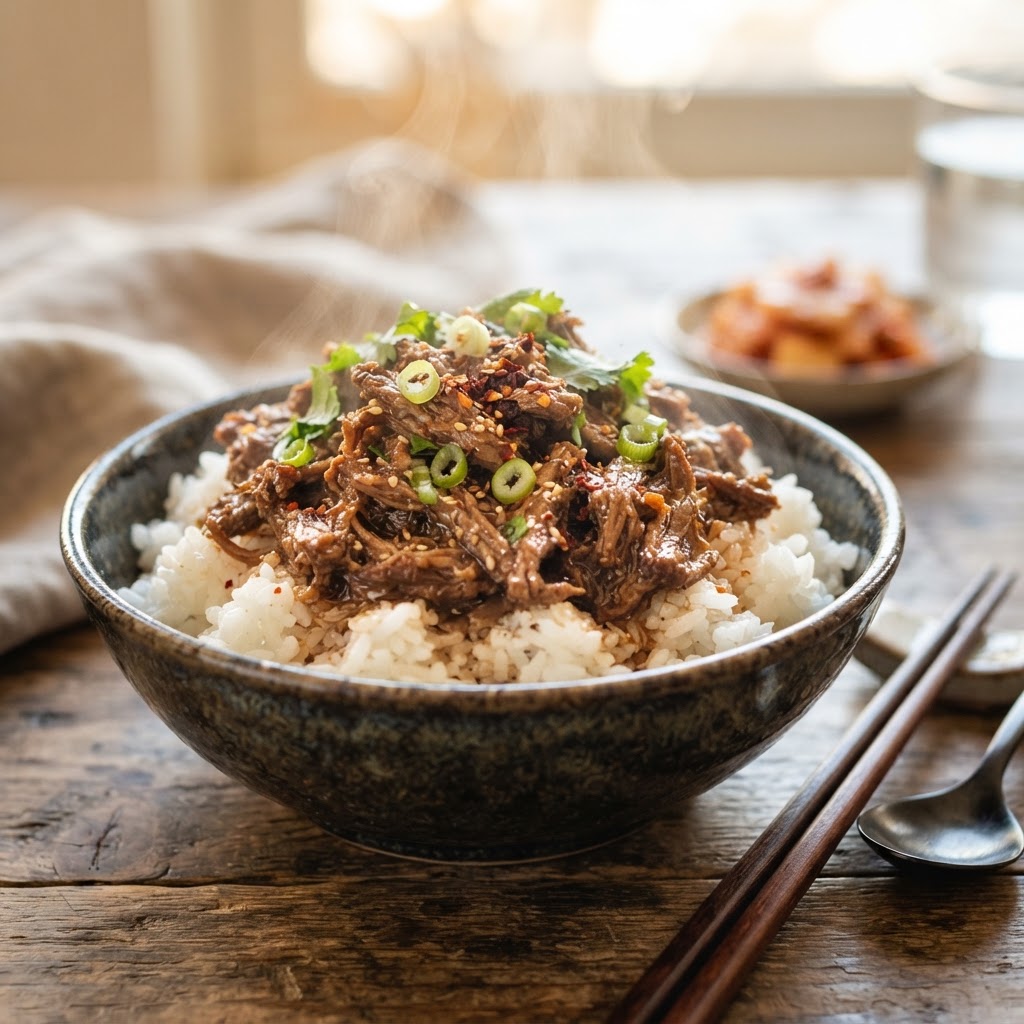 Perfectly cooked Korean beef served over white rice.