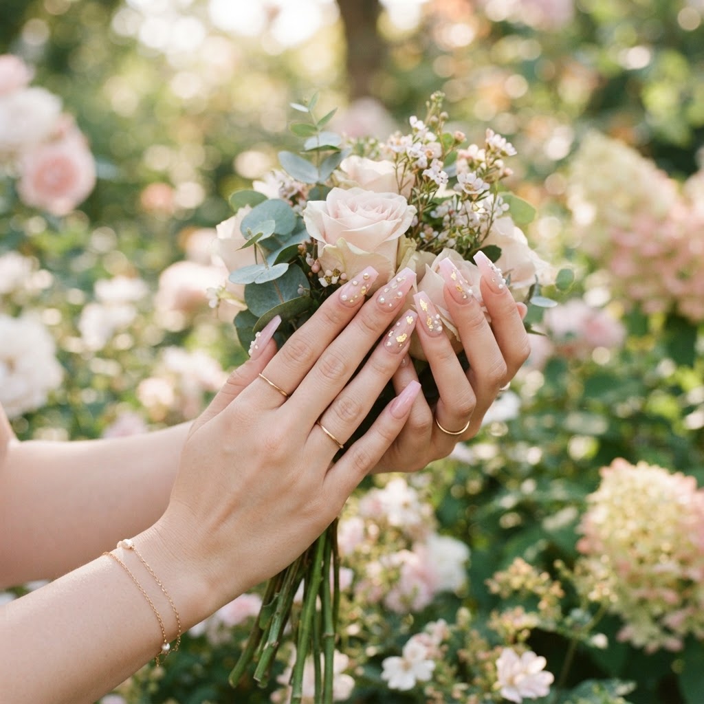 Stylized pink pearl nails for a sophisticated look.