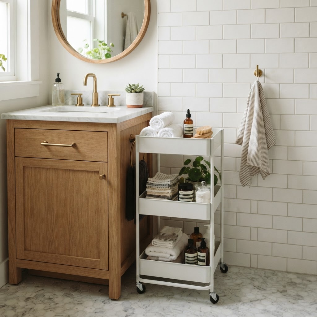 Rolling carts offer flexible storage for tight bathroom gaps.