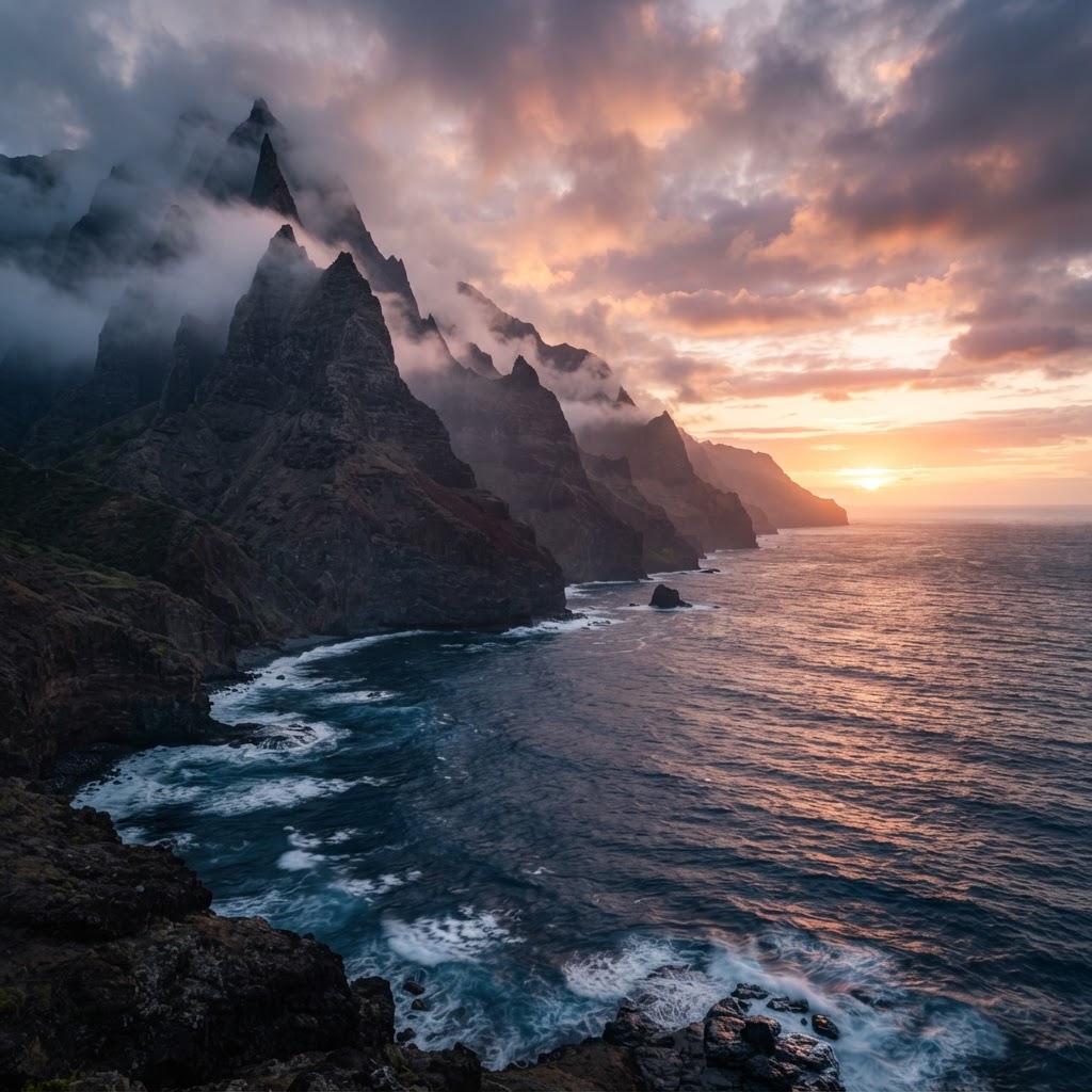 The dramatic meeting point of earth and ocean at sunset.