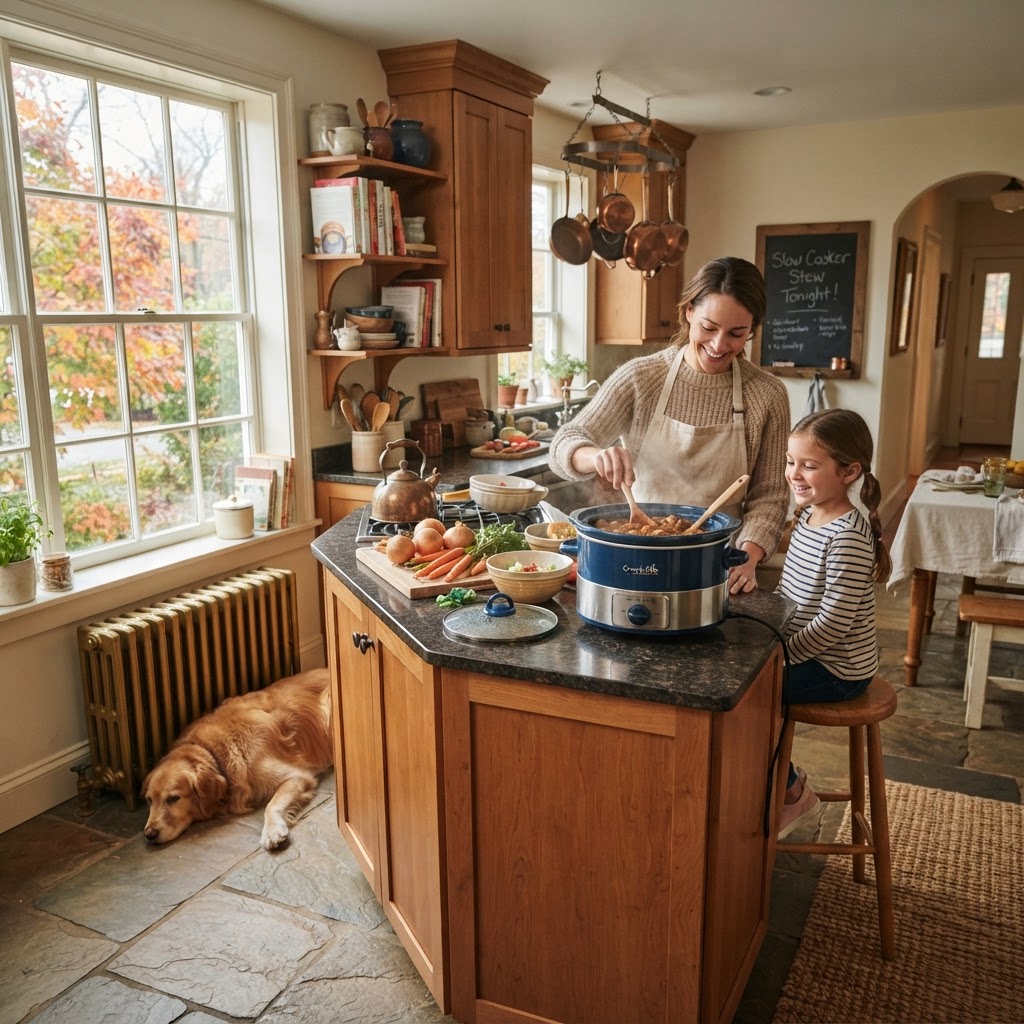 A warm and inviting kitchen scene perfect for slow cooking.