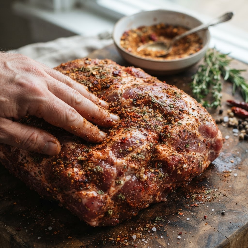 Preparing the pork with a flavorful dry spice rub before the slow cooking process begins.