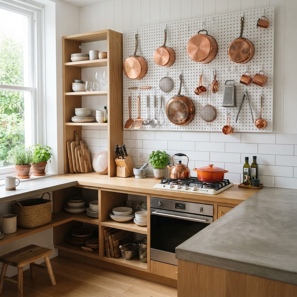Vertical space is key: use pegboards to clear up valuable counter space.