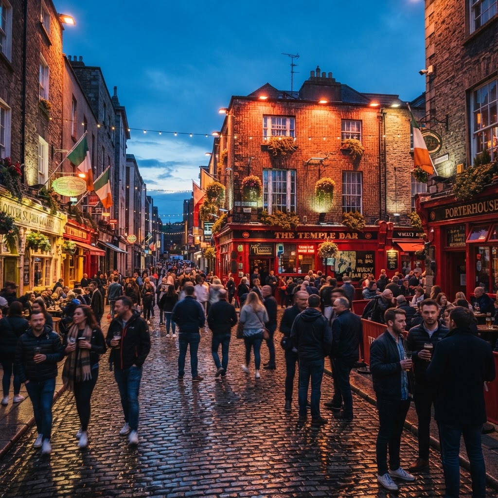 The vibrant Temple Bar district at night.