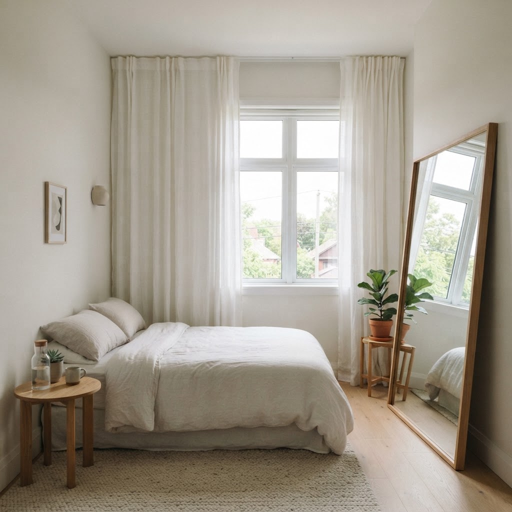 Mirrors and floor-to-ceiling curtains expand a room.
