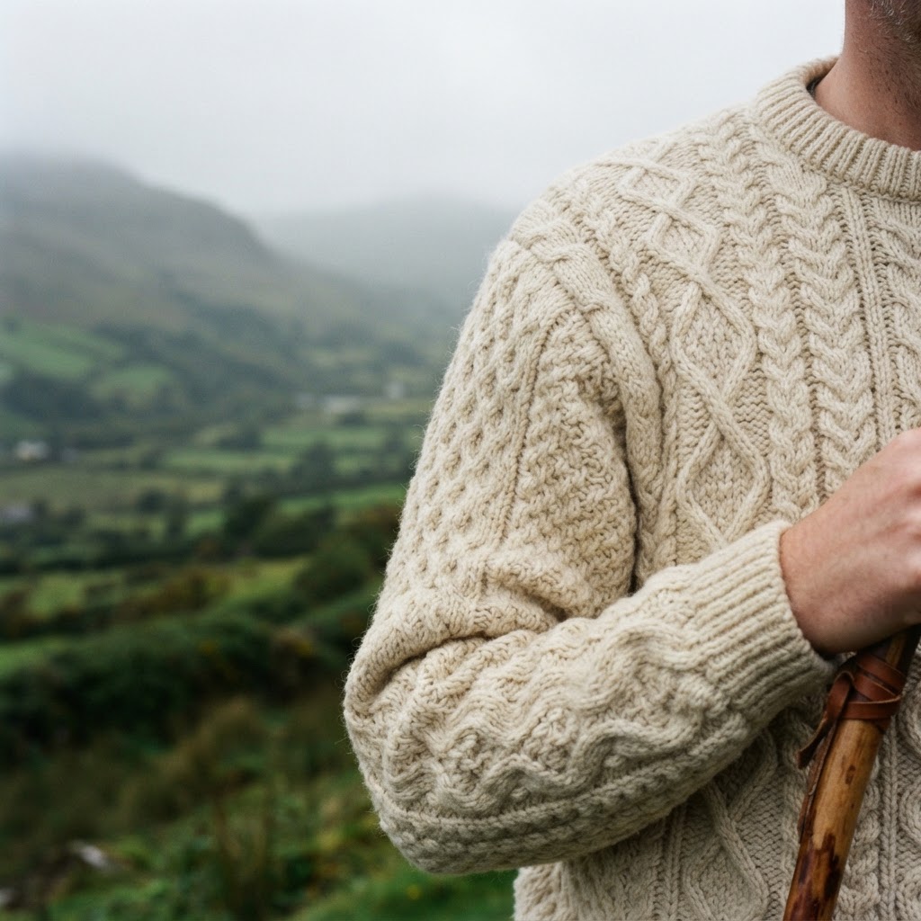 Detailed textures of authentic Aran knitwear.