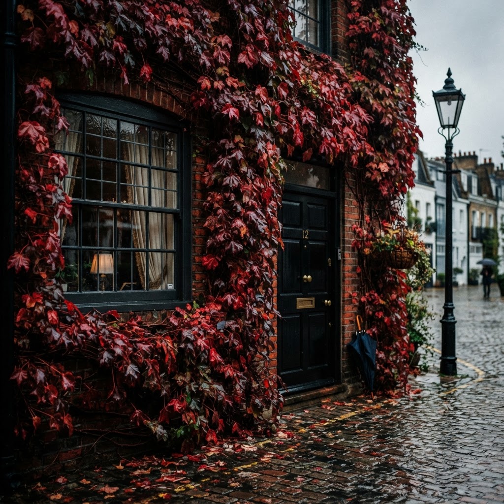 Red ivy creates a stunning contrast on London's historic mews.