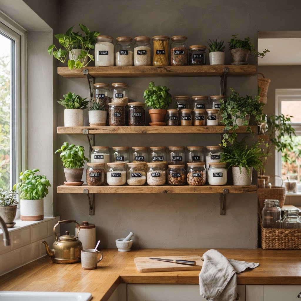 Open shelving creates an airy feel while providing essential storage.