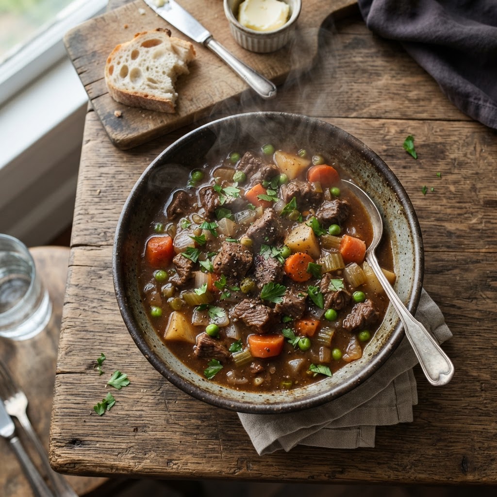 The finished thick and hearty slow cooker beef stew served in a ceramic bowl.