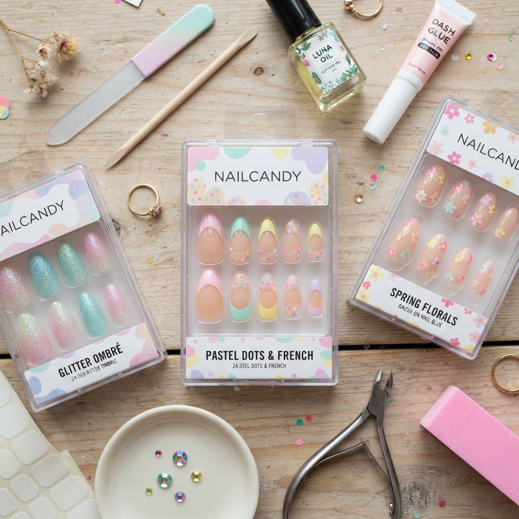 A variety of trendy press-on nail designs featuring pastel colors and polka dots.