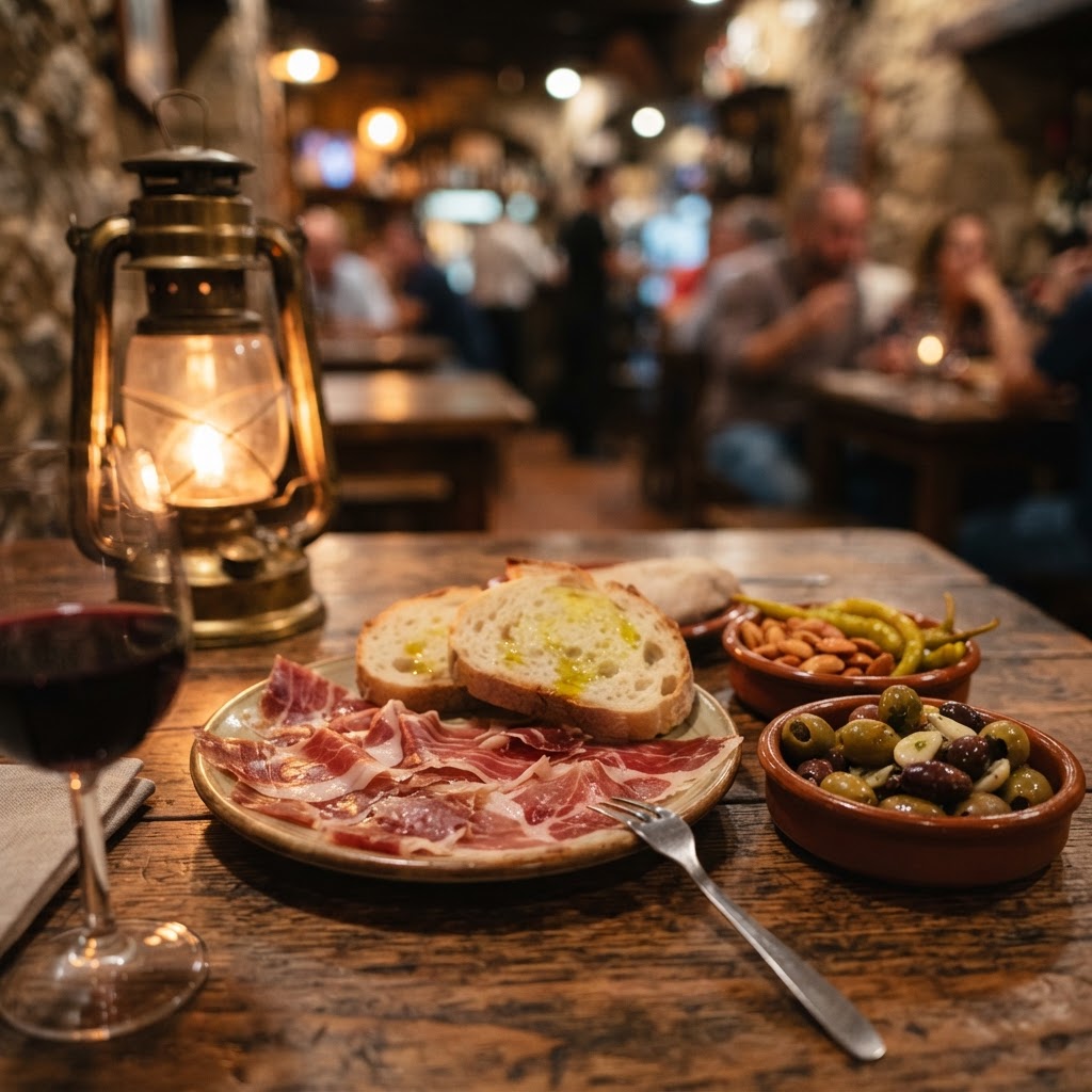 Traditional tapas enjoyed in soft evening lighting.