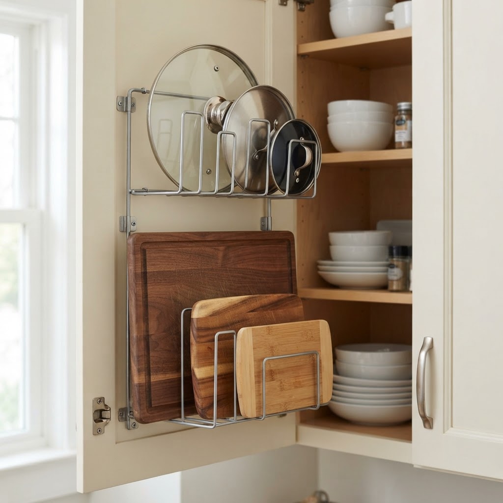 Utilize the interior of cabinet doors for hidden vertical storage.