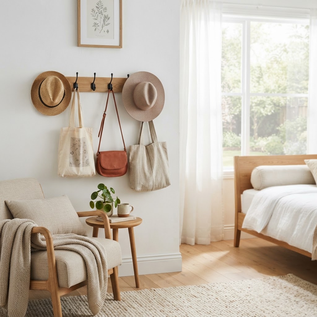 Hooks are perfect for keeping accessories off the floor.