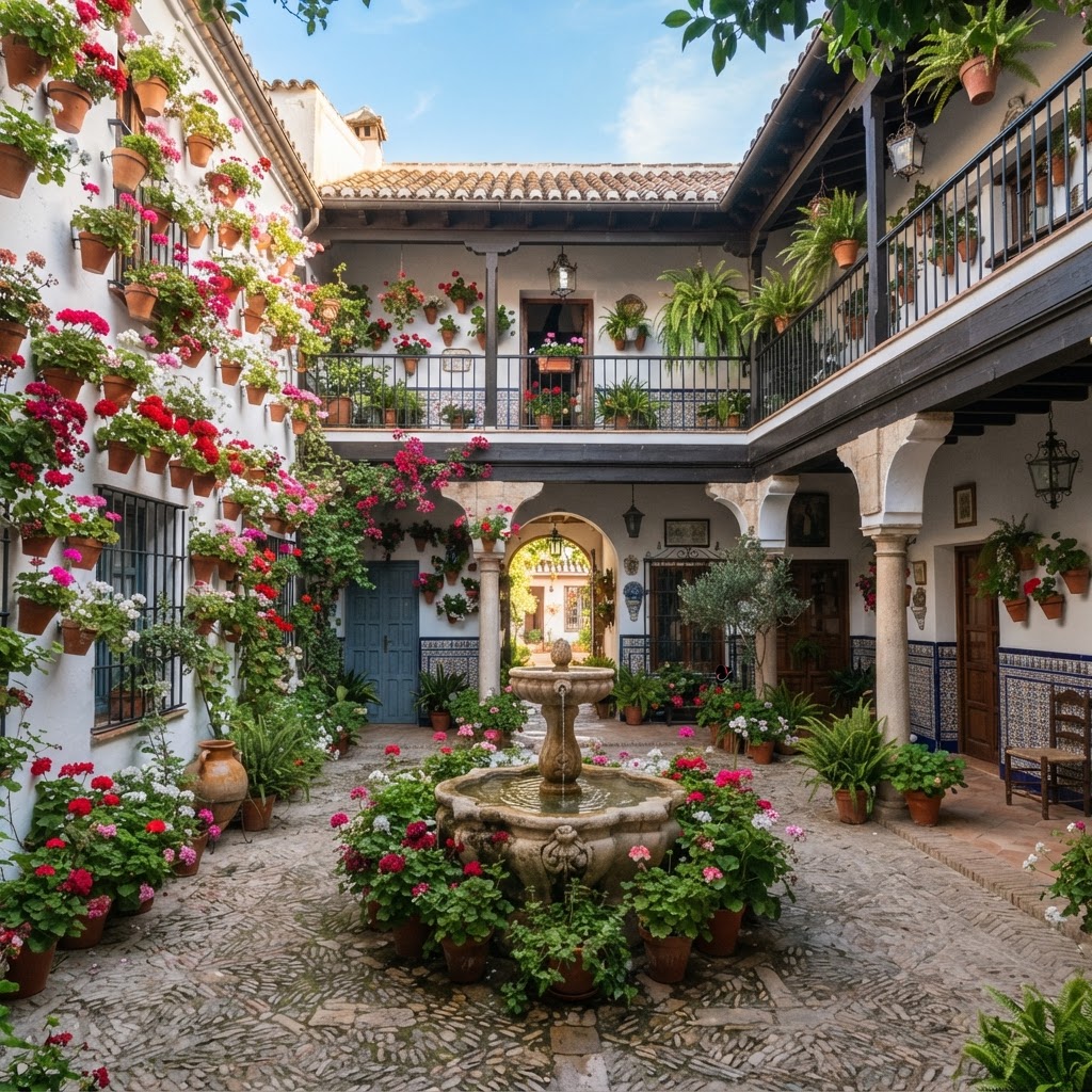 A traditional Cordoba patio bursting with color.