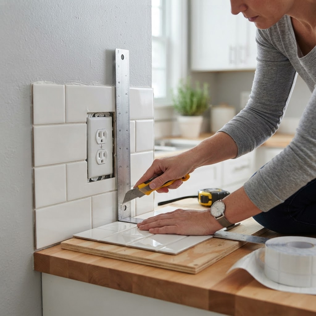 Precision is key when cutting around outlets for a built-in finish.