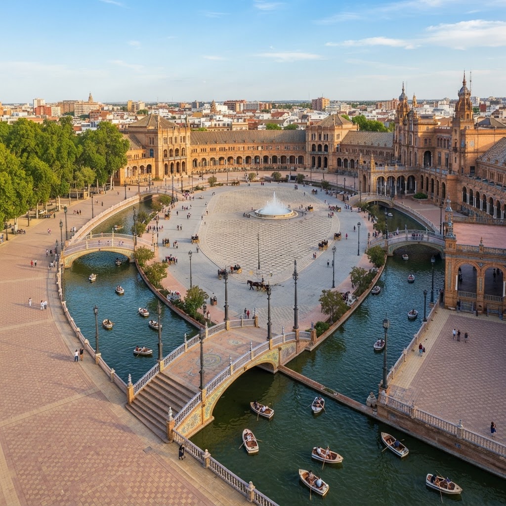 A serene boat ride through Seville's Plaza de España.