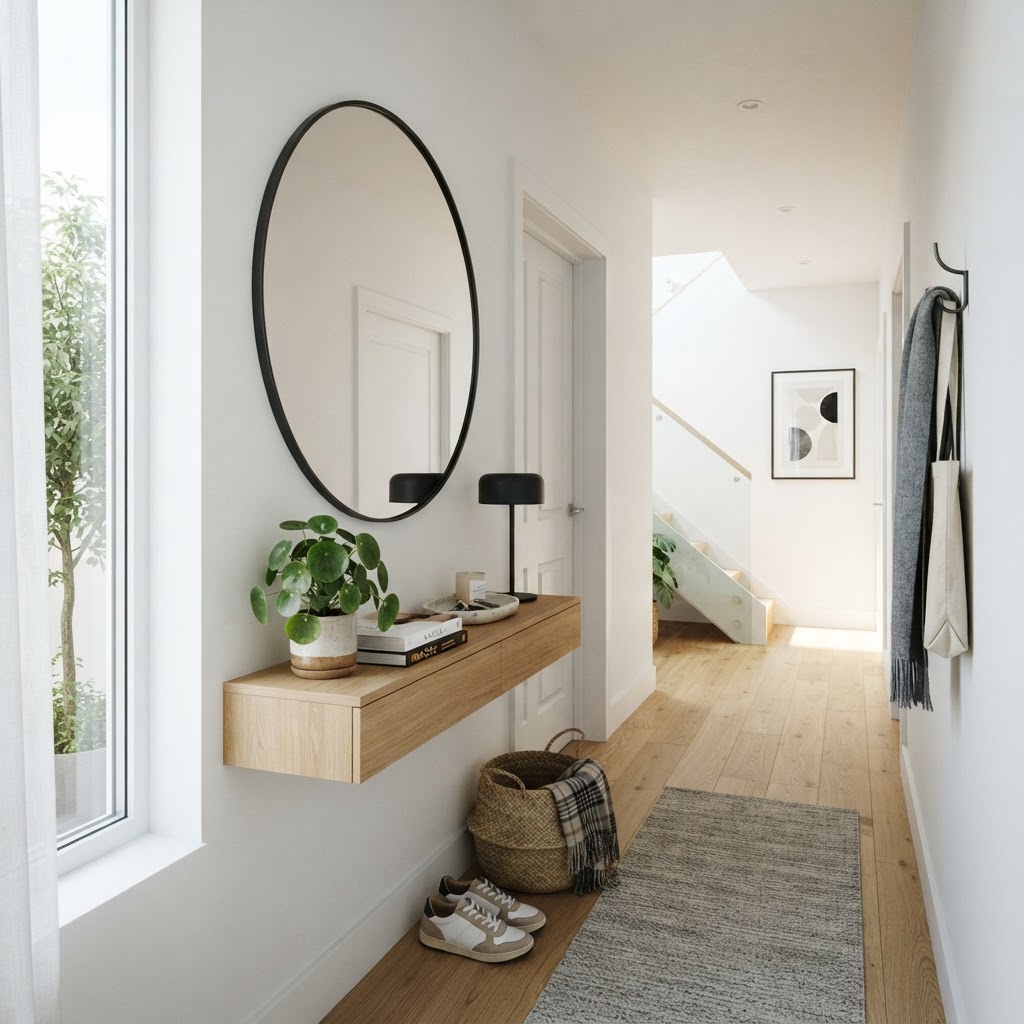 A well-organized narrow entryway uses a mirror to create depth.