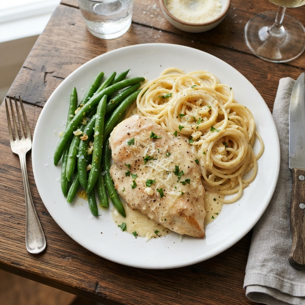 A delicious, complete dinner of garlic parmesan chicken with pasta.